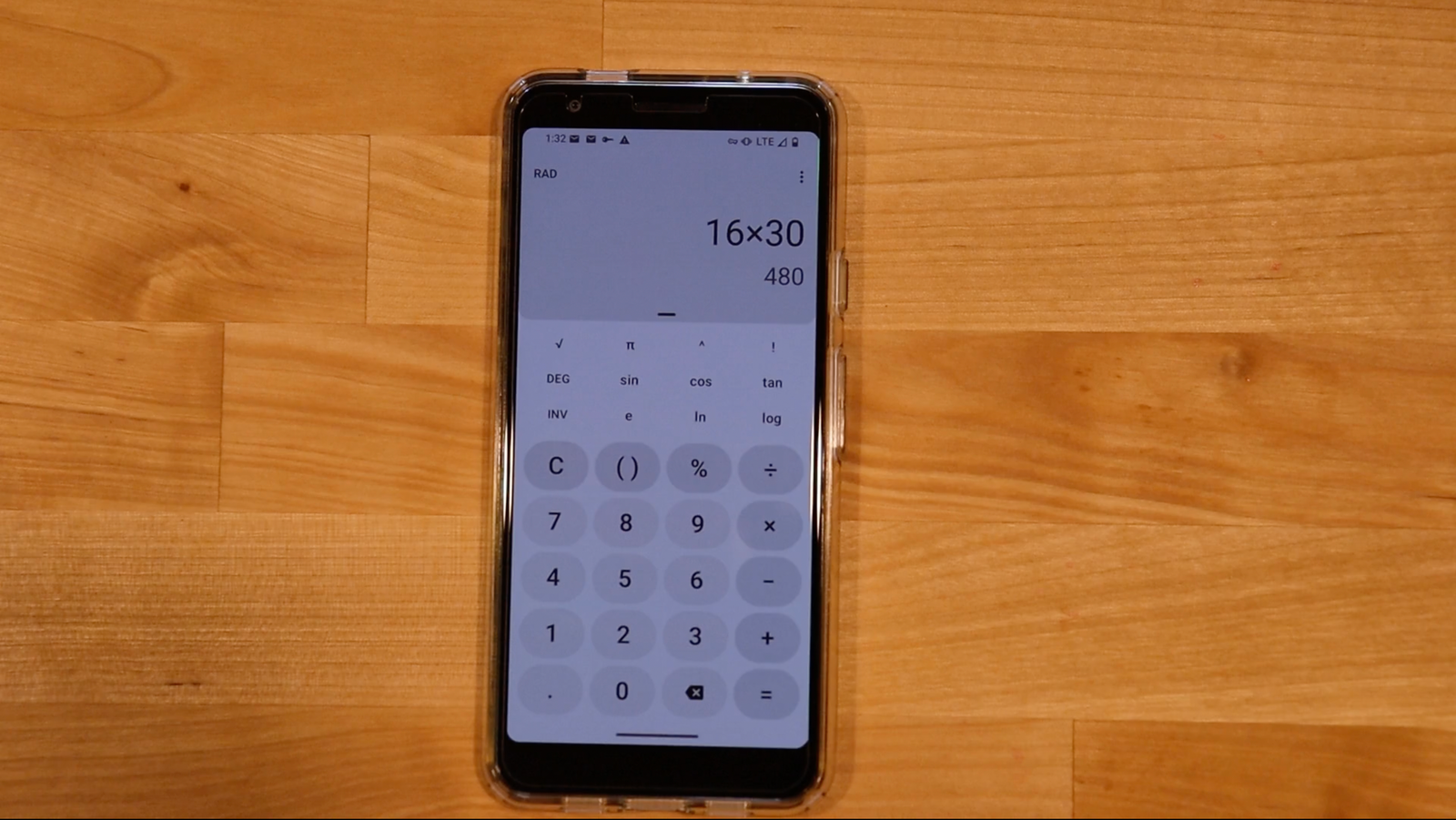Phone calculator showing 16x30=480